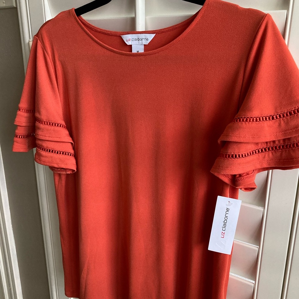 Liz Claiborne NWT SZ Medium Orange Easy Care Top. Ruffle sleeve treatment